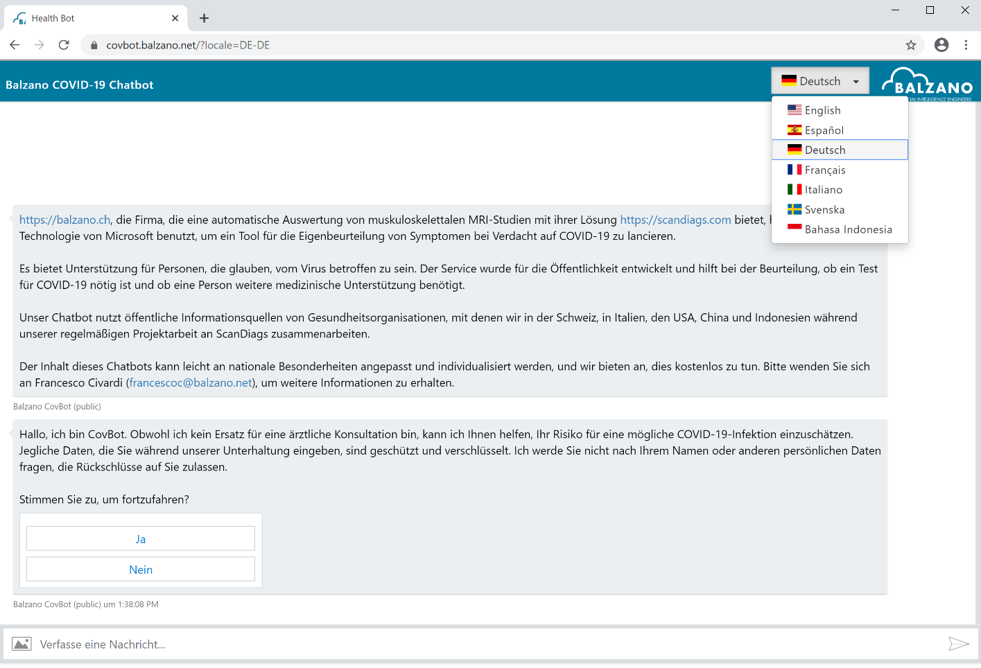 Zürcher KMU stellt KI-gesteuerten COVID-19 Chatbot global zur Verfügung