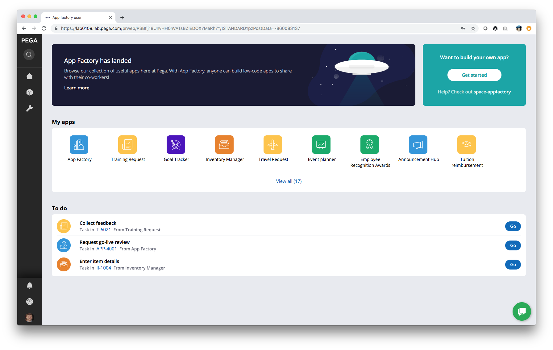 Pega zeigt Low-Code Factory für Business-Anwender Screenshot - Enterprise Low-Code Factory dashboard